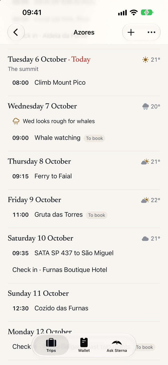 The trip, day by day, with times and each day's forecast.